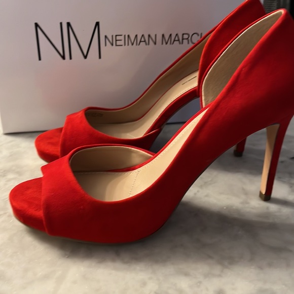 Neiman Marcus red suede sandal heels